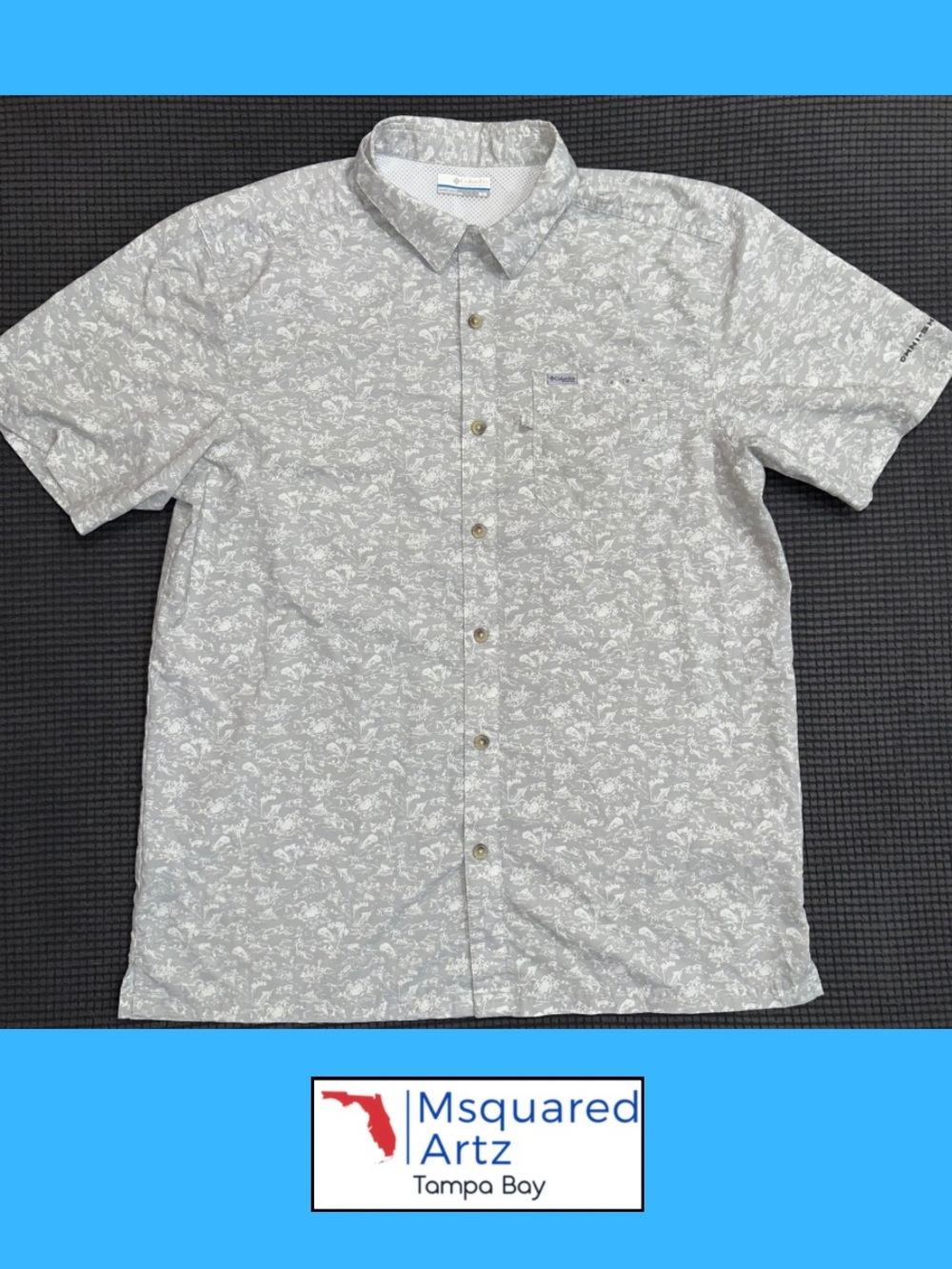 Columbia PFG Button Up Shirt Mens Medium Light Gray Nautical Fish Boat Print